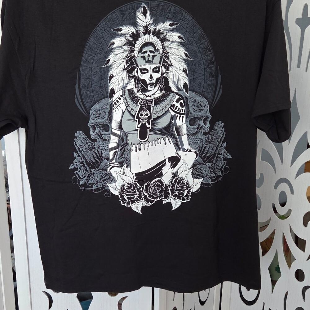 Fifth Sun Aztec Warrior Skull Roses Graphic T Shirt 3XL Black 100% Cotton NWOT